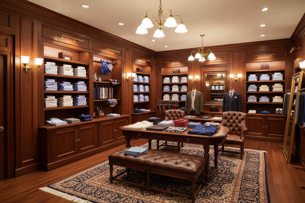A CLASSIC MENswer store with lots of dark wood
